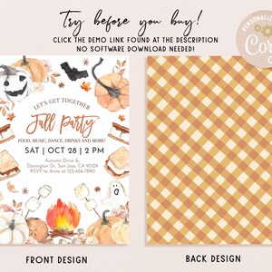 May include: Fall party invitation with a watercolor design featuring pumpkins, bats, a campfire, and s'mores. The text reads "Let's get together Fall Party" and includes the date and time of the event. The back of the invitation is a brown and white gingham pattern.