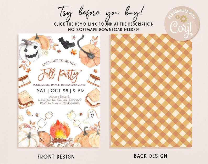 May include: Fall party invitation with a watercolor design featuring pumpkins, bats, a campfire, and s'mores. The text reads "Let's get together Fall Party" and includes the date and time of the event. The back of the invitation is a brown and white gingham pattern.