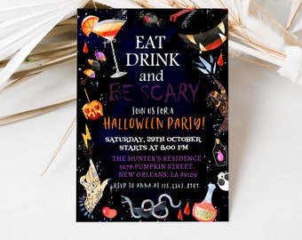 May include: A Halloween party invitation with a black background and colorful illustrations. The text reads "Eat Drink and Be Scary. Join us for a Halloween Party! Saturday, 29th October Starts at 8:00 PM. The Hunter's Residence 5678 Pumpkin Street. New Orleans, LA 89109. RSVP to Anna at 123-4567-8707."