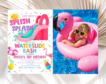 Waterslide Birthday Photo Invitation Summer Pool Party Birthday Invite Pink Water Slide Splish Splash Bash Waterpark Unicorn EDITABLE BT77P
