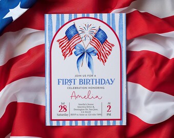 Inbjudan till 4 juli-födelsedag, patriotisk 1-årsdag, inbjudan till självständighetsdagen, USA:s flagga, blå rosett, fyrverkerier, REDIGERINGSBAR AT87R