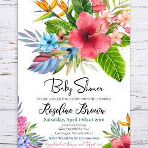 Tropical Baby Shower Invitation Party Invites Little Hawaiian Floral ...