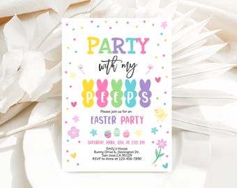 Easter Party Invitation Party With My Peeps Invite Easter Egg Hunt Happy Easter Bunny Sunday Brunch Colorful Pastel Rabbit Printable HL24P