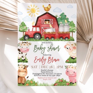 Farm Baby Shower Invitation Barn Animals Gender Neutral Invite Boy Girl Red Barnyard Animal Party Greenery Ranch Cow Pig Lamb EDITABLE BS62R