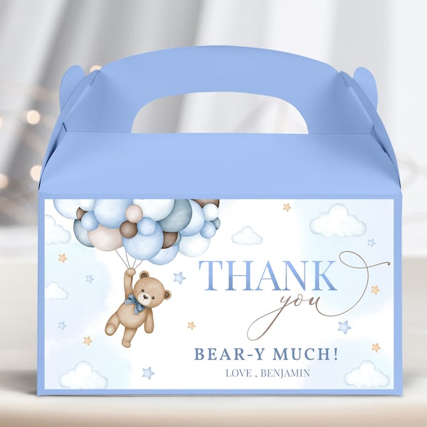 Teddy Bear Birthday Gable Box Label We Can Bearly Wait Boy Baby Shower Gift Treat Box Blue Pampas Grass Boho Balloons Printable BS21B BT81B