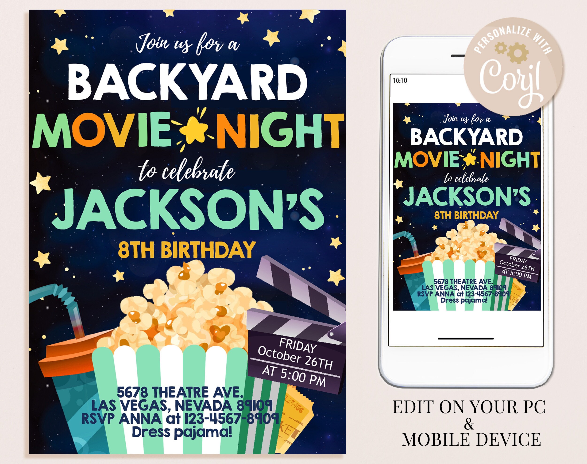 Backyard Movie Night Birthday Invitation Under the Stars Invite Boys ...