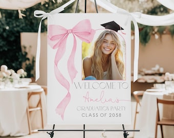 Pink Bow Graduation Photo Welcome Sign Coquette Grad Party Decor Watercolor Pink Ribbon High School College Graduate Poster Printable HL94P