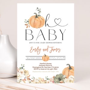 Convite para chá de bebê com abóbora laranja Oh Baby Sprinkle, convite neutro em aquarela, estilo boho floral rústico, com folhas de outono, editável BS72E