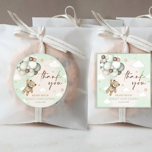 Autocollants de remerciement ours en peluche Boho, étiquettes de cadeau de baby shower, 1er anniversaire, étiquette de faveur, herbe de pampa vert sauge, étiquette à biscuits imprimable BS21G BT81G