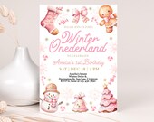 Christmas Cookie Birthday Invitation, Pink Gingerbread Invite, Winter Onederland, Girl First Bday, Snowman, Tree, Ribbon, Printable AT21P