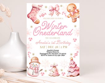 Christmas Cookie Birthday Invitation, Pink Gingerbread Invite, Winter Onederland, Girl First Bday, Snowman, Tree, Ribbon, Printable AT21P