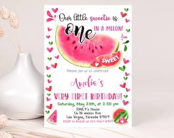 Watermelon Birthday Invitation One in a Melon Girl First Birthday Party Invite Green Pink Watermelon Summer Sweet Celebration EDITABLE BT67P