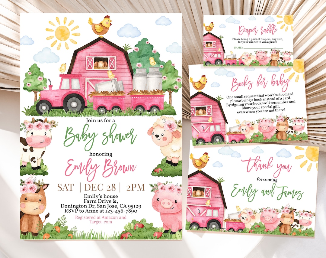 Paquete de invitaciones para baby shower de granja, animales de granero,  niña, rosa, fiesta de granja, vegetación, rancho, vaca, cerdo, cordero, ..., image size:1080x853