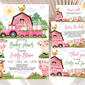 Farm Baby Shower Invitation Bundle Barn Animals Baby Shower Invite Set Girl Pink Barnyard Party Greenery Ranch Cow Pig Lamb EDITABLE BS62P