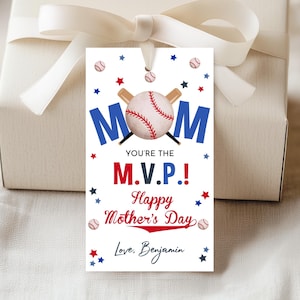 Etykieta upominkowa dla mamy baseballisty Jesteś MVP Etykieta upominkowa na Dzień Matki Etykiety na ciasteczka dla mamy softballisty Etykiety na Dzień Matki ze sportowymi podziękowaniami Do wydrukowania MO01B