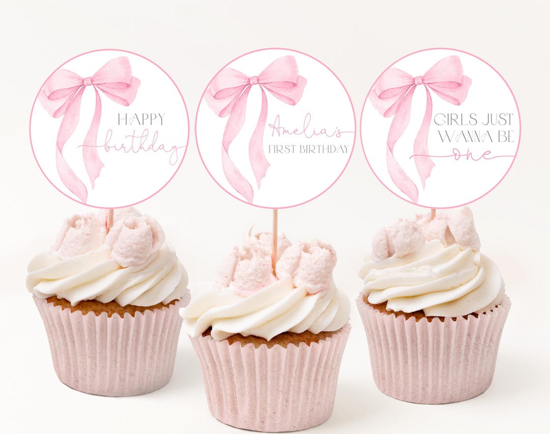 Pink Bow Cupcake Toppers Coquette Girl 1st Birthday Party Decor Soft ...