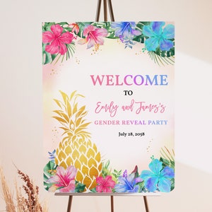 Letrero de bienvenida para revelación de género de Aloha, decoración para baby shower, luau tropical hawaiano, póster para fiesta de verano, letrero de piña dorada para porche, EDITABLE BS19M