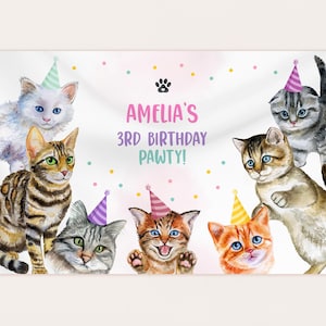 Cat Birthday Backdrop Banner Girl 1st Birthday Decor Pink Kitty Cat Party Animals Photo Booth EDITABLE BT80P