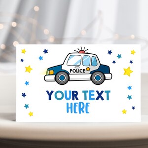 May include: A white card with a cartoon police car in blue and white, with the word "POLICE" on the side. The card has blue and yellow stars and the text "YOUR TEXT HERE" in blue.