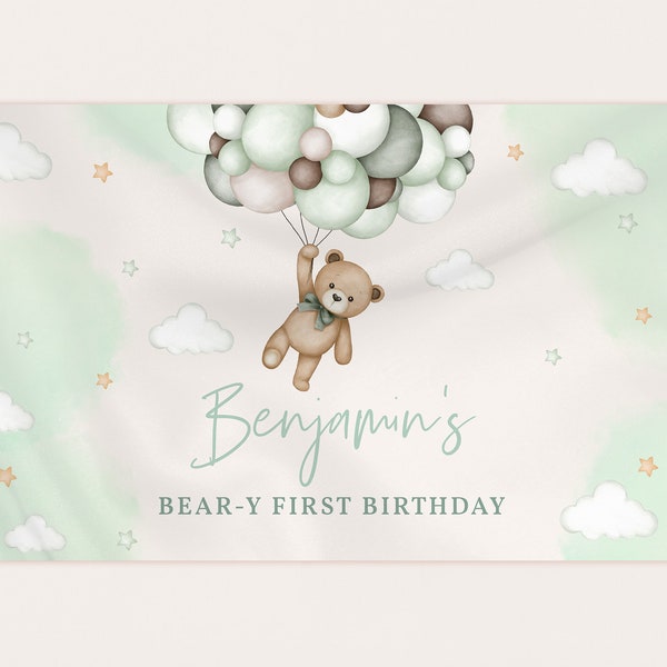 Teddy Bear Birthday Backdrop Banner 1st Picnic Party Sign Tan Sage Green Pampas Grass Photoshoot Boho Balloons Photobooth EDITABLE BT81G