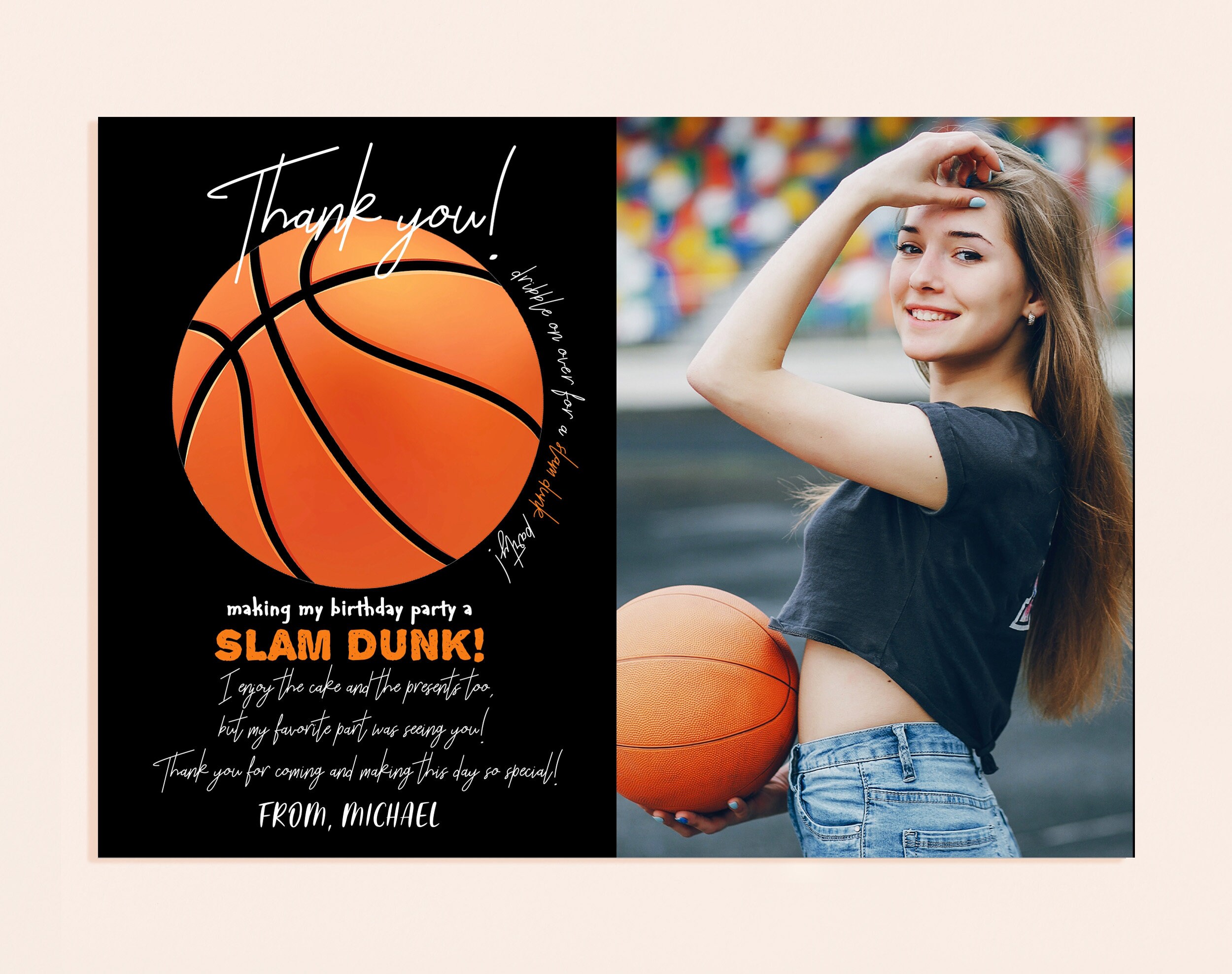 Basketball Photo Thank You Card Boy Girl Birthday Party Sports Team All ...
