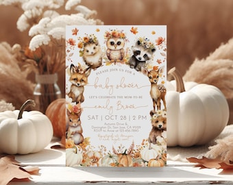 May include: A baby shower invitation with a woodland theme. The invitation features a watercolour illustration of a fox, deer, raccoon, hedgehog, and owl surrounded by autumn leaves and pumpkins. The text reads "Please join us for a baby shower, Let's celebrate the mom-to-be, Emily Brook, Sat | Oct 28 | 2 PM, Autumn Drive & Donington Dr, San Jose, CA 95129, RSVP to Anne at 123-456-7890".
