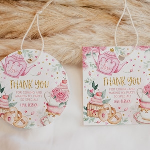 ティーパーティー 誕生日 記念品 タグ 女の子 ベビーシャワー ギフトタグ ゴールド ブラッシュ ピンク 花柄 ティーポット ハイティー ガーデン サンキュータグ 印刷可能 BS18P BT10P