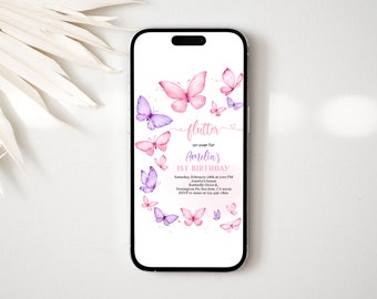 May include: A digital invitation with a pink and purple butterfly theme. The text reads "flutter on over for Amelia's 1st Birthday". The invitation includes the date, time, location, and RSVP information.
