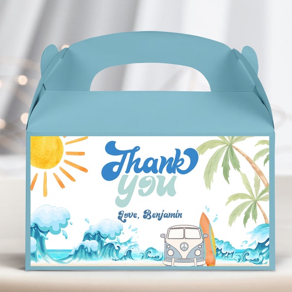 Surf Baby Shower Gable Box Label Baby on Board Boy Surfs Up Birthday Favors Surfing Summer Beach Party Gift Treat Box Printable BS52B AT01B