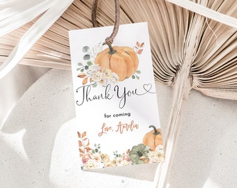 May include: A white thank you tag with a watercolor illustration of a pumpkin and fall foliage. The text reads "Thank You" with a heart symbol and "for coming" below. The text "Love, Amelia" is at the bottom of the tag.