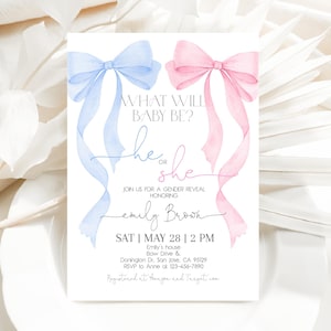 Pink Blue Bow Gender Reveal Invitation, He or She Couples Shower Invite, Coquette Ribbon Baby Shower, Watercolor Boy or Girl EDITABLE AS20M