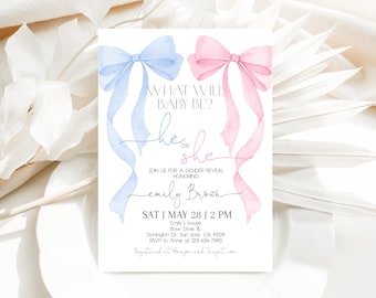 Pink Blue Bow Gender Reveal Invitation He or She Couples Shower Invite Boy or Girl Watercolor Coquette Blue Pink Ribbon Baby EDITABLE AS20M