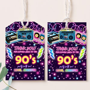 Etichette per bomboniere anni '90, etichette regalo per 40° compleanno, etichette retrò anni '80, ritorno agli anni '90, etichette di ringraziamento, neon fluorescenti, discoteca, danza hip hop, stampabili BT49