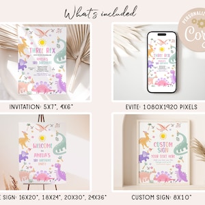 May include: A set of printable dinosaur party decorations, including an invitation, an Evite, a welcome sign, and a custom sign. The designs feature a pink, green, and yellow colour scheme with dinosaurs, flowers, and a sun.