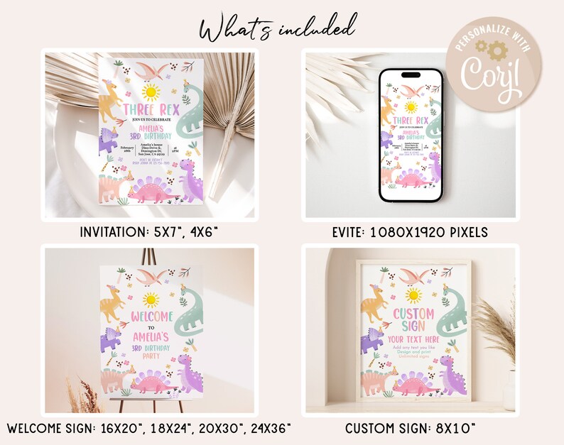 May include: A set of printable dinosaur party decorations, including an invitation, an Evite, a welcome sign, and a custom sign. The designs feature a pink, green, and yellow colour scheme with dinosaurs, flowers, and a sun.