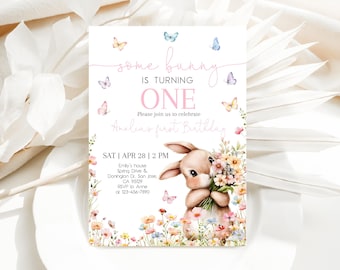 Some Bunny Birthday Invitation Easter Rabbit Girl 1st Birthday Party Invite Spring Flowers Pink Floral Wildflower Butterfly EDITABLE AT72P