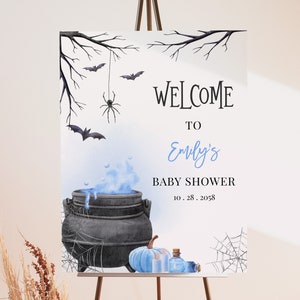 Cartel de bienvenida para baby shower de Halloween con texto "A Baby is Brewing", cartel de género neutro para niño, cartel de fiesta de otoño en azul, letrero para patio delantero EDITABLE BS66B