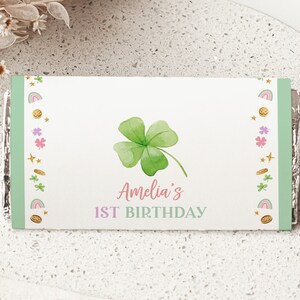 St Patricks Day Chocolate Wrapper Girl Lucky One Birthday Party Decor Shamrock Rainbow Green Gold Four Leaf Clover 1.55oz Printable BT95P