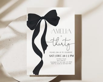 Black Bow Birthday Invitation, Coquette Minimalist Black Ribbon Invite, Watercolor Elegant 30th Bday Party Girl, Any Age EDITABLE AT63K