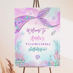 Mermaid Welcome Sign Girl 1st Birthday Party Decor Under The Sea Poster Princess Magical Purple Teal Gold Mermaid Tail Porch EDITABLE BT48V