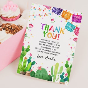 Tarjeta de agradecimiento para fiesta de cumpleaños, cactus mexicanos, nota de agradecimiento, suculenta, flor, Cinco de Mayo, fiesta, baby shower, plantilla editable BS54 BT54