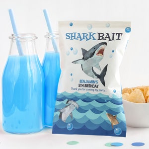 Hai Chip Tüte Label Jungen Geburtstag Party Dekor Unter dem Meer Ozean Pool Party Snack Leckereien Tasche Haie Attack Sommerparty Printable BT28