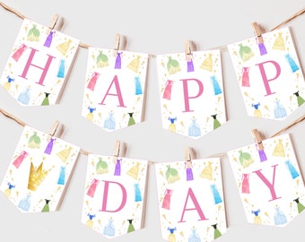 May include: A white banner with pink letters spelling "Happy Day" decorated with watercolor illustrations of princess dresses and golden stars.