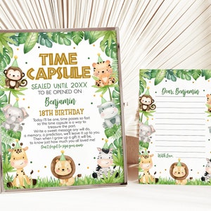 Safari verjaardag tijdcapsule teken jungle dieren jongen wilde één partij decor dierentuin tropische ballonnen goud groen gastenboek kaart BEWERKBARE BT96G