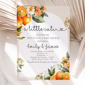 A Little Cutie is on the Way Invitation Orange Baby Shower Invite Clementine Gender Neutral Party Citrus Tangerine Floral EDITABLE BS55O