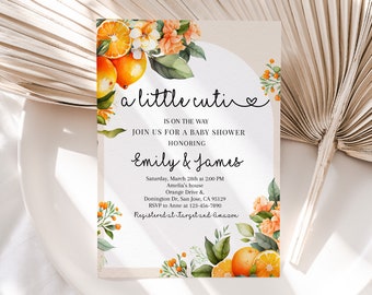 May include: Baby shower invitation featuring watercolour oranges and floral decorations. The text reads "a little cutie is on the way" and includes details for Emily & James' baby shower.