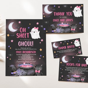 Oh Sheet It&#39;s a Ghoul Baby Shower Invitation Bundle Halloween Baby Shower Invite Set Girl Spooky Pink Cute Ghost Fall Party EDITABLE BS30KP