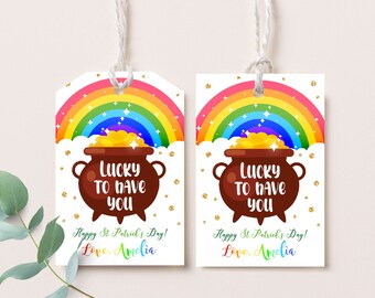St Patricks Tag Pot of Gold Patty's Day Party Rainbow Kid Classroom Favor Teacher Gift Label School Sticker Instant Download Editable HOL023
