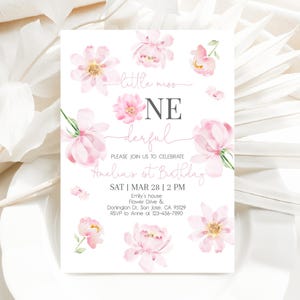 Little Miss Onederful Birthday Invitation Blush Pink Floral Girl 1st Birthday Invite Watercolor Spring Flowers Garden Party EDITABLE AT68P
