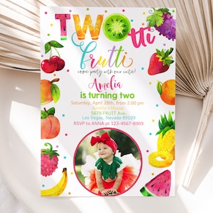 Twotti Frutti Birthday Invitation Tutti Fruity 2nd Birthday Invite Tropical Summer Party Fruit Two-tti Pineapple Watermelon EDITABLE BT62